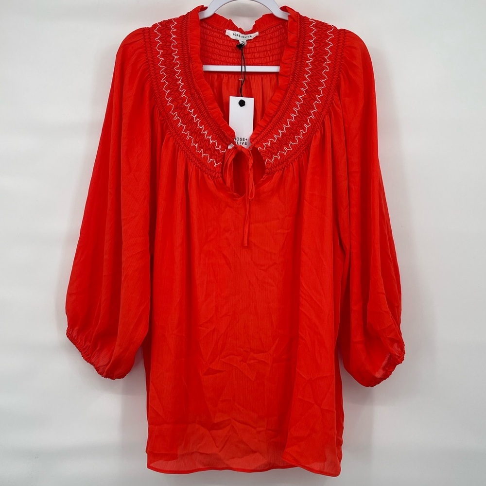 Rose & Olive NWT red balloon cropped sleeve tie blouse